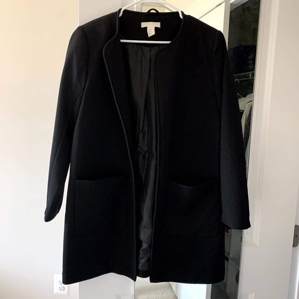 H&M Black Woven Textured Overcoat